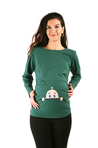 M.M.C. Neugieriges Baby - Umstandsmode Umstandsshirt mit Motiv Sweatshirt Schwangerschaftsshirt für die Schwangerschaft, Langarm (Dunkelgrün, X-Large) von M.M.C.