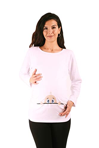 M.M.C. Neugieriges Baby - Umstandsmode Umstandsshirt mit Motiv Sweatshirt Schwangerschaftsshirt für die Schwangerschaft, Langarm (Weiß, X-Large) von M.M.C.