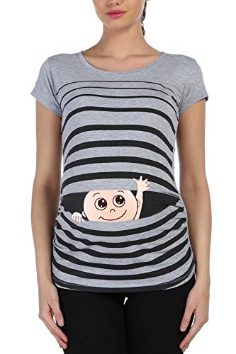 Winke Winke Baby - Lustige witzige süße Umstandsmode gestreiftes Umstandsshirt mit Motiv für die Schwangerschaft Schwangerschaftsshirt, Kurzarm (Grau, Small) von M.M.C.