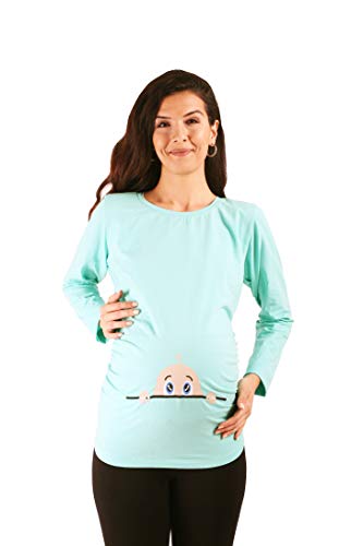 Neugieriges Baby - Umstandsmode Umstandsshirt mit Motiv Sweatshirt Schwangerschaftsshirt für die Schwangerschaft, Langarm (Mint, Medium) von M.M.C.