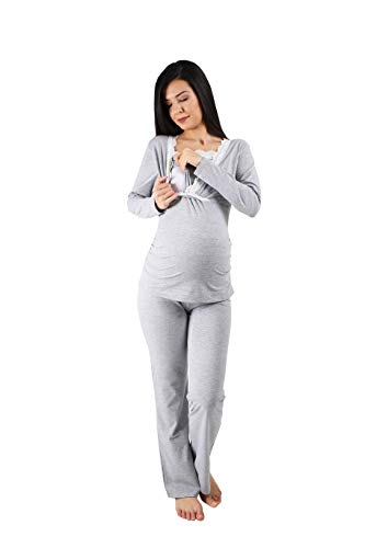 Still-Pyjama Set mit Spitze für Damen - Umstandspyjama Schlafanzug Nachtwäsche für Schwangerschaft und Stillzeit mit Stillfunktion, Langarm (Grau, Large) von M.M.C.