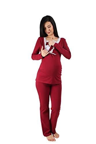 Still-Pyjama Set mit Spitze für Damen - Umstandspyjama Schlafanzug Nachtwäsche für Schwangerschaft und Stillzeit mit Stillfunktion, Langarm (Weinrot, X-Large) von M.M.C.