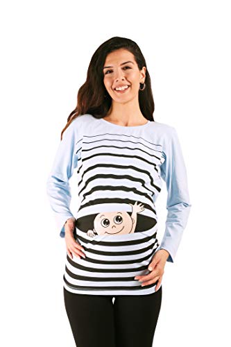 Winke Winke Baby - Lustige witzige süße Umstandsmode gestreiftes Umstandsshirt mit Motiv für die Schwangerschaft, Langarm (Babyblau, X-Large) von M.M.C.