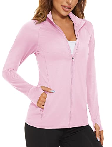 MAGCOMSEN Laufjacke Damen Sommer Leicht Trainingsjacke UV Shirt Langarm Basic Funktionsshirt mit Stehkragen Jogging Tshirt, Hellrosa M von MAGCOMSEN