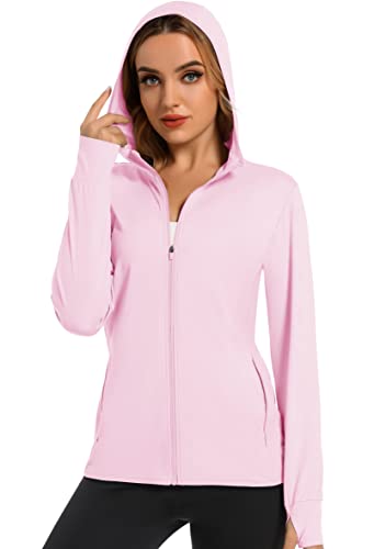 MAGCOMSEN Sportjacke Damen UPF 50+ Langarm Shirt Schnell Trockend Atmungsaktiv Laufjacke Voll Zip Rash Guard für Angeln Surfen Leicht Funktionsjacke mit Kapuze Rosa L von MAGCOMSEN