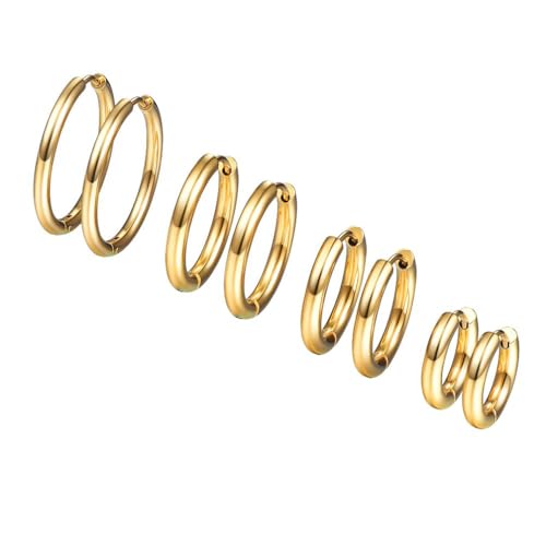 MAGIIE 4 Paar Creolen Gold Ohrringe Set, Damen 14 Karat vergoldet Ohrringe,Huggies Creolen Kleine Hypoallergen Ohrringe,Schlafen Knorpel Kreolen Creolen Gold Kleine Damen Herren (Gold) von MAGIIE