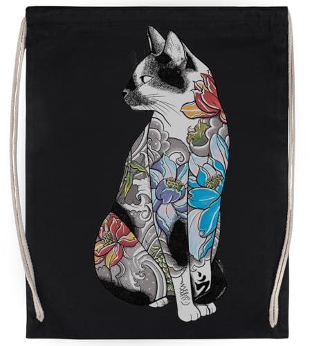 Katze Im Lotus Tattoo Unisex-Sporttasche, Schwarzer Turnbeutel von MAGITONE