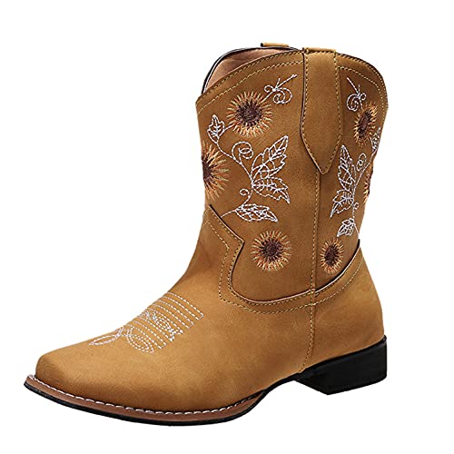 MAIGOIN Stiefeletten Damen Handgemachte Sonnenblumen Stickerei Cowboystiefel Frauen Ankle Boots Winter Leder Westernstiefel Reitstiefel von MAIGOIN