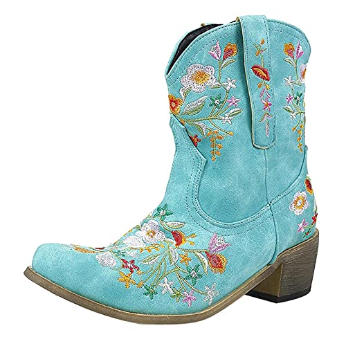 MAIGOIN Winter Boots Damen Cowboy Stiefel Lederstiefel Westernstiefel Mit Bunt Blume Stickerei Festivalstiefel Reitstiefel von MAIGOIN