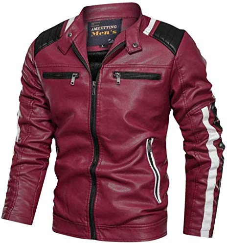 Herrenjacke aus weichem Echtleder, antiker Stil, farblich abgestimmt, mit Reißverschluss, Biker-Stil, Rot, Größe 6XL von MAIGOU