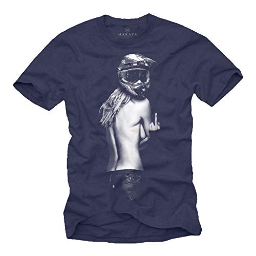 Motorrad T-Shirt Herren - Pin Up Girl mit Motocross Helm - Motorradbekleidung Blau L von MAKAYA