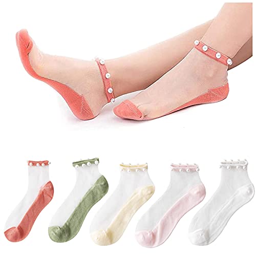 MAKFORT Kristall Tüll Perle Sommersocken - Perle transparente Socken, Sommer ultradünne Spitze kurze Socken, Nylon elastische kurze Knöchelstrümpfe für Frauen 5 Paar von MAKFORT