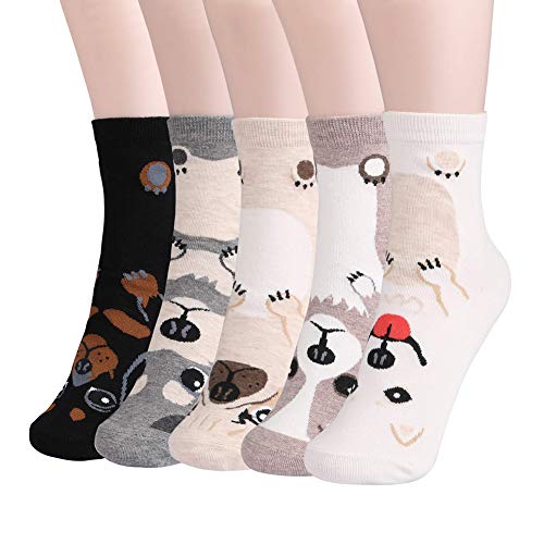 MAKFORT Lustige Socken Damen Tier Muster Niedlich Baumwolle Sneaker Socken Kuschelsocken Damen Warme Socken Frauen Thermal Lässige Socken 5 Paar (5 Instep puppy) von MAKFORT