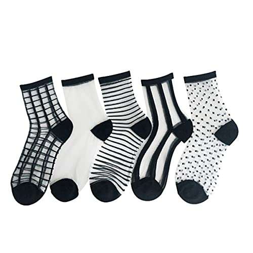 MAKFORT Nylon Söckchen Damen Seidenstrümpfe Ultradünne Transparente Kristall Socken Elastische Kurze Socken Tüll Spitze Feinstrümpfe Fashion Socken Frauen Schwarz 5 Paar von MAKFORT