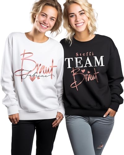 JGA Pullover für Braut Team schwarz weiss rot personalisiert mit Namen, Damen Langarm Pulli T-Shirt Tshirt weiß Rosegold gold Junggesellinnen party Junggesellenabschied Kleidung Outfit Oberteil Frauen von MAMAHUHU