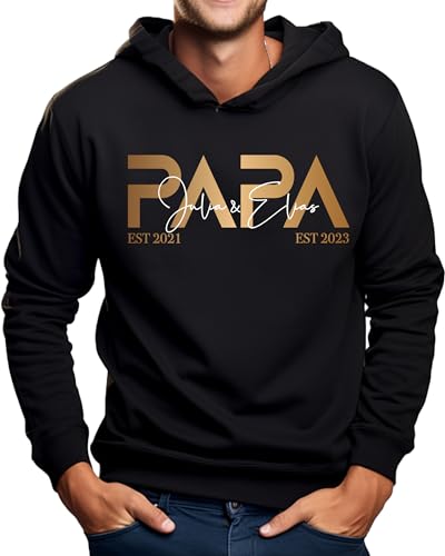 MAMAHUHU Papa Pullover Personalisiert mit 3 Kindernamen, Herren Pulli Hoodie schwarz 2 Namen der Kinder Geschenk zum Vatertag Geburtstag Kaputzenpullover Kleidung für Männer von MAMAHUHU