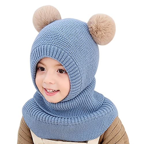 MAMUNU Kinder Wintermütze Mädchen, Warm Niedlich Schalmütze Strickmütze mit Bommel, Beanie Schlupfmütze mit Fleecefutter für Kinder Mädchen (Blau) von MAMUNU