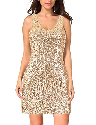 MANER Damen Pailletten Kleid Glitzer V-Ausschnitt Ärmelloses Partykleid Club Cocktail Tank Kleid, Champagner, Groß von MANER