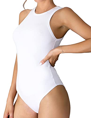 MANGDIUP Ärmelloser Damen-Body mit Rundhalsausschnitt, schmale Passform, Stretch-Baumwolle, Tank-Top, Neckholder-Jumpsuits, Weiss/opulenter Garten, Small von MANGDIUP