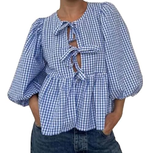 MANGMAO Oberteil mit Schnürung vorne für Damen, Leopardenmuster, Schößchen, Babydoll-Top, 3/4-Länge, Puffärmel, Kokett-Top, niedliches Oberteil zum Ausgehen, Blaues Gingham-Muster, Groß von MANGMAO