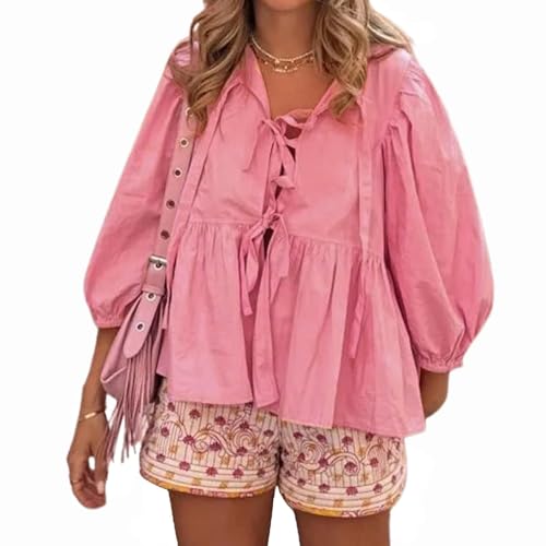 Oberteil mit Schnürung vorne für Damen, Leopardenmuster, Schößchen, Babydoll-Top, 3/4-Länge, Puffärmel, Kokett-Top, niedliches Oberteil zum Ausgehen, Pink 2, Groß von MANGMAO