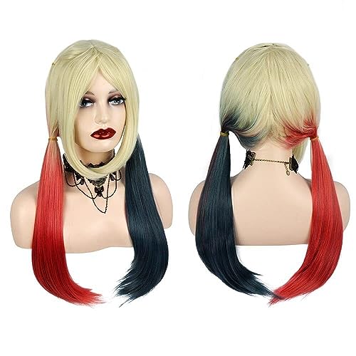 Anime Cosplay 25.5 Zoll Lange Gerade Perücke Frauen Party Tägliche Perücken Harley Quinn Rot Schwarzes Haar Perücke von MANUKS