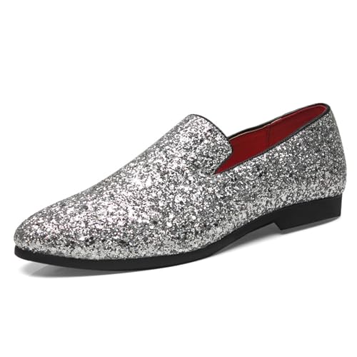 Herren Freizeitschuhe, Große PaillettenSlip-On Loafer, Business Casual Flache Schuhe Niedrige Spitze Spitze Zehen Büroarbeit Bequeme, Atmungsaktive Herrenschuhe, 42 EU,Silver von MANYUBEI