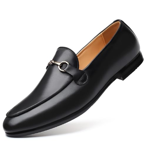 MANYUBEI Herren Lederschuhe, Große Slip-On Loafer, Business Casual Flache Schuhe Niedrige Spitze Spitze Zehen Büroarbeit Bequeme Atmungsaktive Herrenschuhe, 46 EU,Black von MANYUBEI