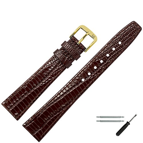 MARBURGER Uhrenarmband 10mm Leder Braun Gold Eidechse (Iguana) Prägung Mit Naht - Montage Set 3051031000220 von MARBURGER