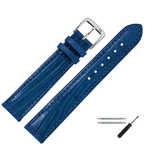 MARBURGER Uhrenarmband 12mm Leder Blau Silber Eidechse (Teju) Prägung Mit Naht - Montage Set 3551251000120 von MARBURGER