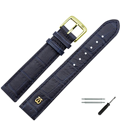 MARBURGER Uhrenarmband 14mm Leder Blau Gold Alligator Prägung Mit Naht - Montage Set 5281450000220 von MARBURGER