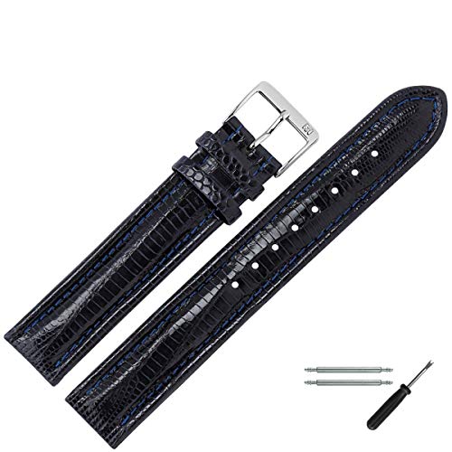 MARBURGER Uhrenarmband 18mm Leder Blau Silber Eidechse (Teju) Prägung Mit Naht - Montage Set 8261850000120 von MARBURGER