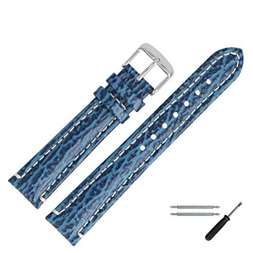 MARBURGER Uhrenarmband 18mm Leder Blau Silber Hai Prägung Mit Naht - Montage Set 4631850000120 von MARBURGER