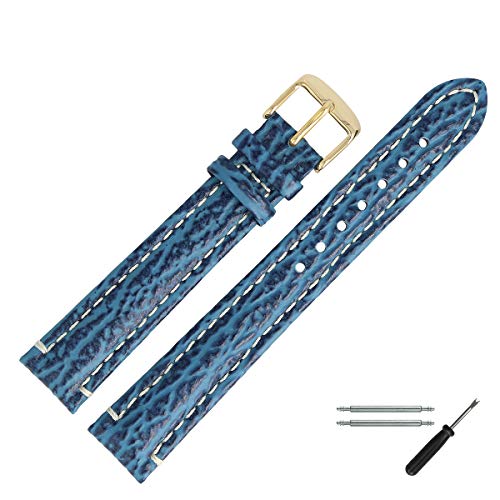 MARBURGER Uhrenarmband 18mm Leder Blau Gold XL Hai Prägung Mit Naht - Montage Set 6821850000220 von MARBURGER