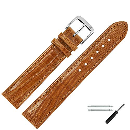 MARBURGER Uhrenarmband 18mm Leder Braun Silber Eidechse (Teju) Prägung Mit Naht - Montage Set 8271834000120 von MARBURGER