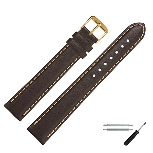 MARBURGER Uhrenarmband 18mm Leder Braun Gold XL Glatt Mit Naht - Montage Set 8021831000220 von MARBURGER