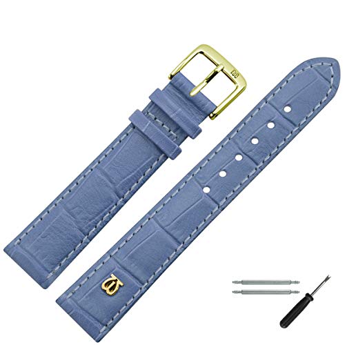 MARBURGER Uhrenarmband 20mm Leder Blau Gold Alligator Prägung Mit Naht - Montage Set 5282053000220 von MARBURGER