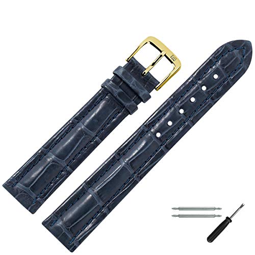 MARBURGER Uhrenarmband 20mm Leder Blau Gold Alligator (Lousiana) Prägung Mit Naht - Montage Set 8322051000220 von MARBURGER