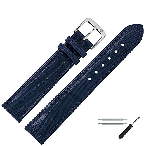 MARBURGER Uhrenarmband 20mm Leder Blau Silber Eidechse (Teju) Prägung Mit Naht - Montage Set 8272050000120 von MARBURGER