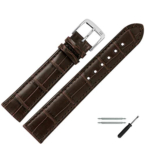 MARBURGER Uhrenarmband 20mm Leder Braun Silber Alligator (Lousiana) Prägung Mit Naht - Montage Set 8242031000120 von MARBURGER