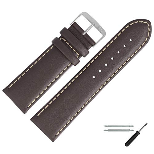 MARBURGER Uhrenarmband 24mm Leder Braun Silber Glatt Mit Naht - Montage Set 8062431000120 von MARBURGER