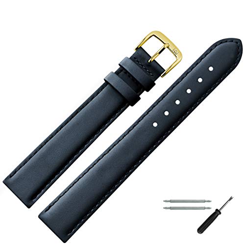 MARBURGER Uhrenarmband 28mm Leder Blau Gold XL Glatt Mit Naht - Montage Set 6602851000220 von MARBURGER