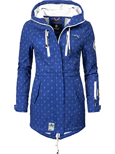 MARIKOO Damen Übergangsjacke Softshellmantel wasserdicht atmungsaktiv mit Kapuze Zimtzicke Blue Dots Gr. S von MARIKOO