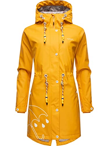 MARIKOO Damen Übergangsjacke Regenmantel wasserdicht lang warm gefüttert mit Kapuze Dancing Umbrella Amber Yellow Gr. XL von MARIKOO