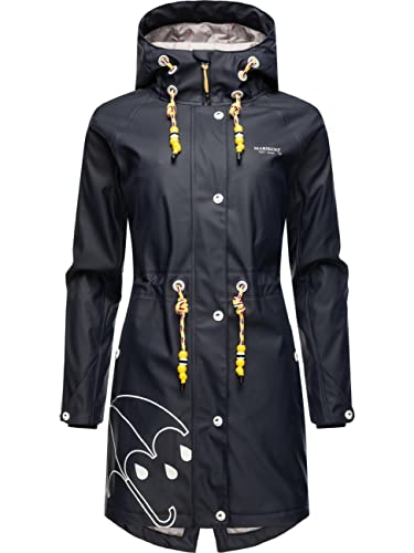 MARIKOO Damen Übergangsjacke Regenmantel wasserdicht lang warm gefüttert mit Kapuze Dancing Umbrella Navy Gr. XS von MARIKOO