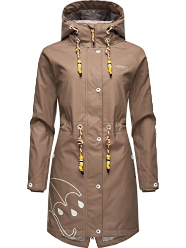 MARIKOO Damen Übergangsjacke Regenmantel wasserdicht lang warm gefüttert mit Kapuze Dancing Umbrella Taupe Gr. L von MARIKOO