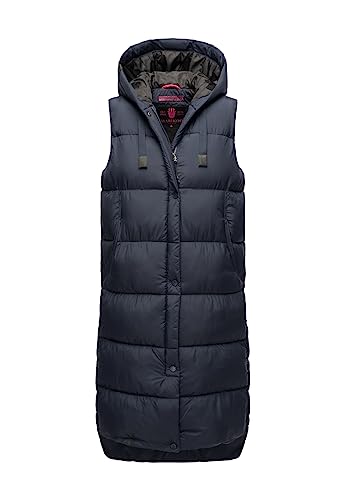 MARIKOO Damen Weste Steppweste lang gesteppte Übergangsweste Kapuze warm B967 [B967-Sayor-Navy-Gr.L] von MARIKOO