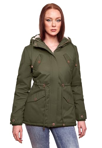 MARIKOO Damen Winter Jacke Parka Winterjacke Teddyfell gefüttert B376 [B376-Manolya-Dark-Olive-Gr.XL] von MARIKOO