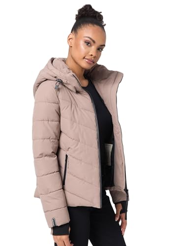 MARIKOO Winterjacke Damen (XS-XXL) - Wasserabweisend, Warm, Kapuze abnehmbar, Winddicht - Steppjacke, Frauen - Stehkragen, 4 Taschen, verlängerter Zipper - Taupe Grey L von MARIKOO