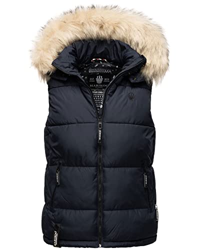 MARIKOO Damen Winter Weste Steppweste mit Kapuze und Fellkragen B896 [B896-Eisflöckchen-Navy-Gr.M] von MARIKOO